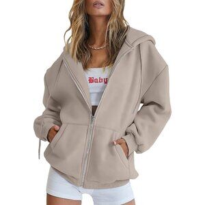 Women's Casual Nutmeg Zip Up Pocket Fleece Sweatshirts Hoodies Jacket Oversized